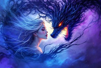 The primary subject of the image is a woman with long blonde hair, who is leaning in close to a dragon. The setting is a blue sky, and the visual style is a digital art illustration. The woman's hair is flowing, and the dragon has a fierce appearance. The overall atmosphere is one of fantasy and intrigue.